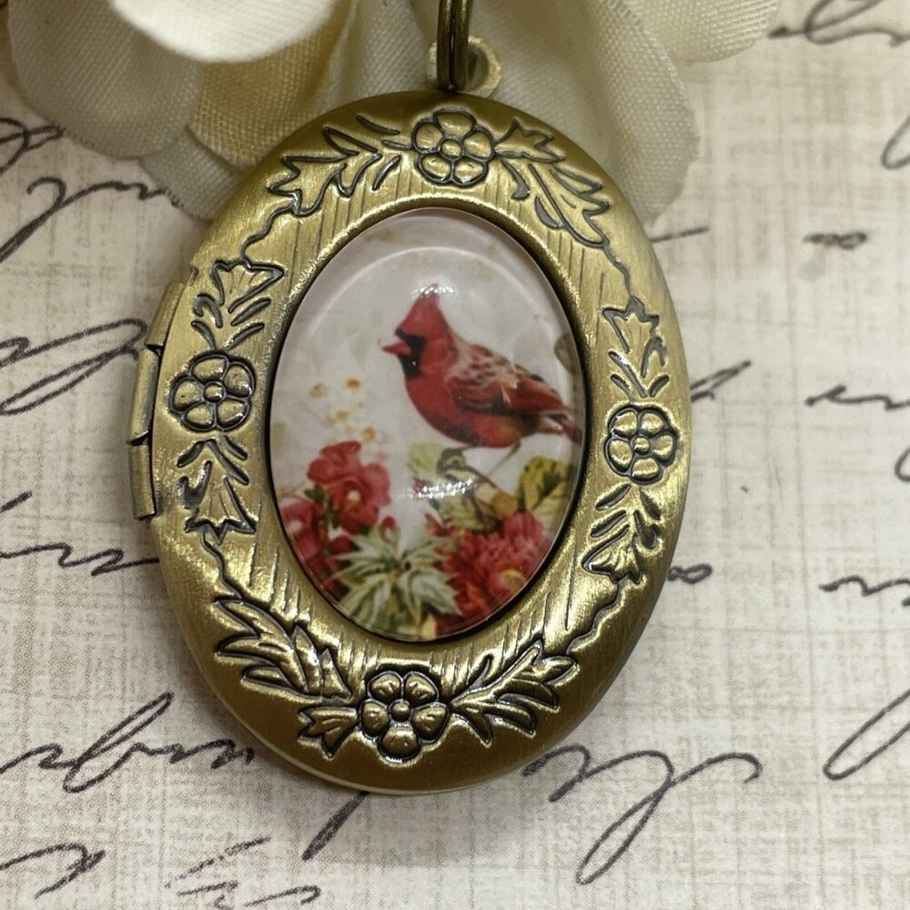 Bronze Red Bird Cardinal Memorial Jewelry Locket Necklace Pendant Wedding New - Picture 6 of 9